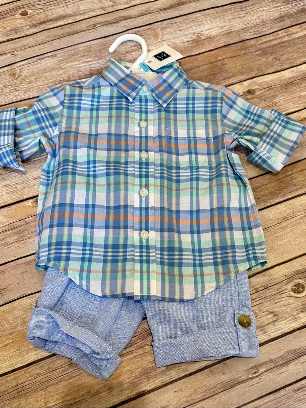 Janie and Jack Plaid Button-Down Shirt in Blue, Green & Orange